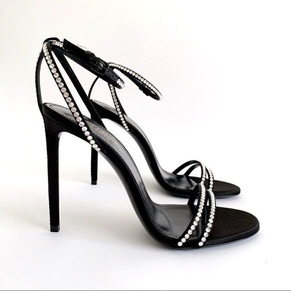 ⭕️ YSL SAINT LAURENT Sandals Crystals Black Robin Heels Designer Shoes - Picture 4 of 10